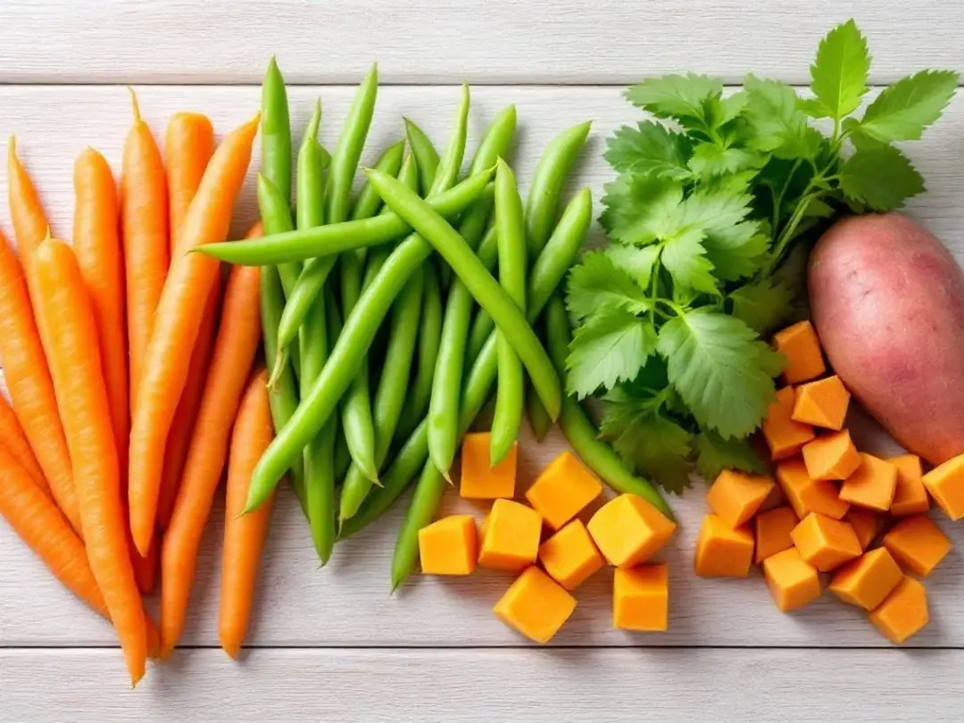 An assortment of vibrant dog-safe vegetables is displayed, featuring fresh carrots, green beans, and sweet potatoes...