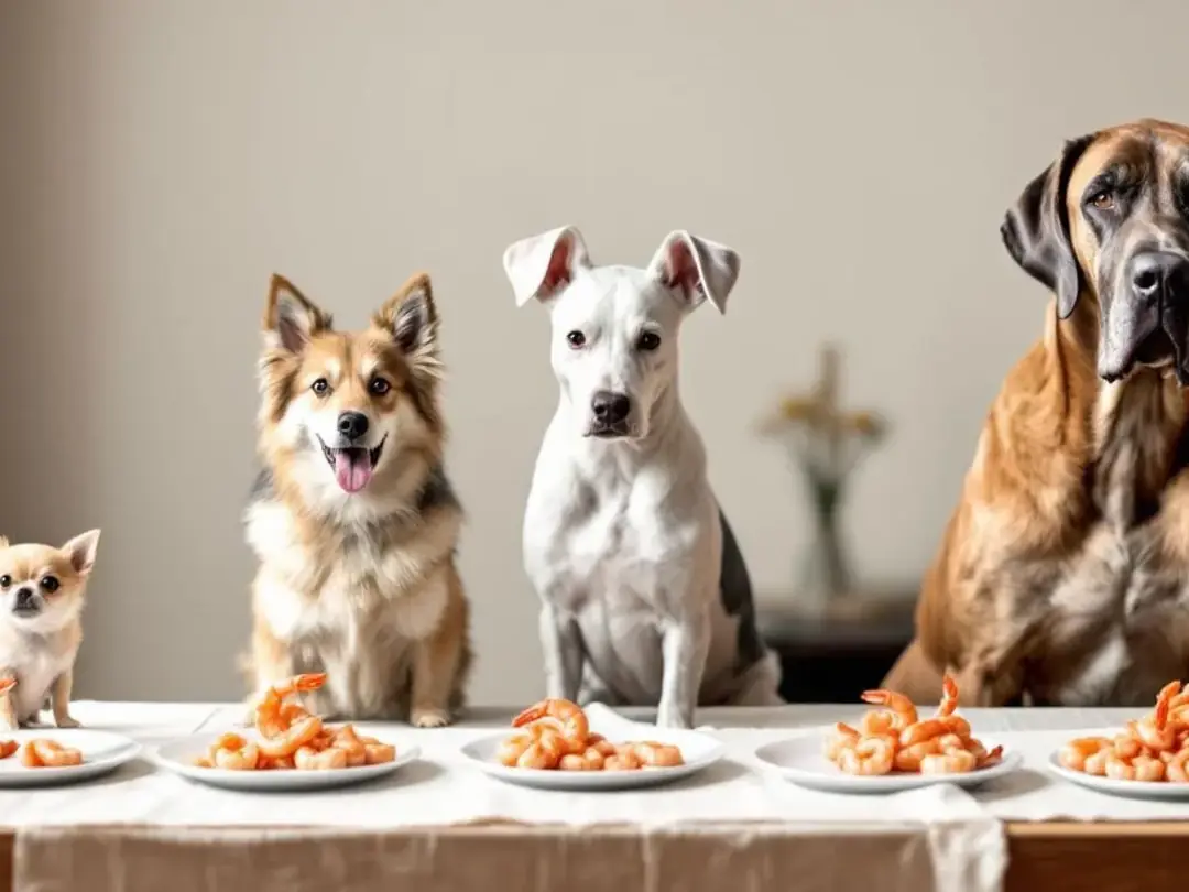 In the image, various sized dogs are positioned next to appropriately portioned shrimp, illustrating how much shrimp is...
