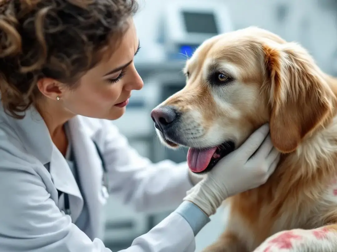 A concerned dog owner is examining their pet for signs of an allergic reaction, possibly due to feeding shrimp, which...