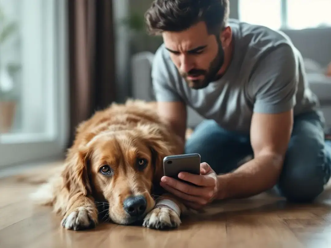 A concerned dog owner is checking on their pet while holding a phone, likely calling a veterinarian for advice on their...
