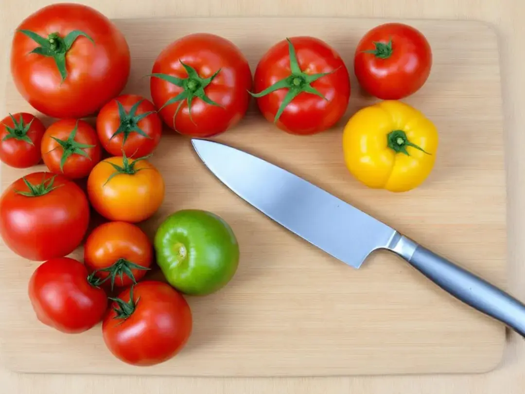 Fresh tomatoes of various types, including ripe red tomatoes and unripe green tomatoes, are beautifully arranged on a...