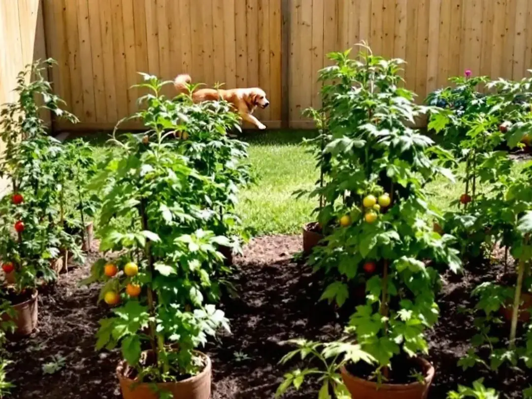 A vibrant garden area is enclosed by a sturdy fence, showcasing healthy tomato plants with ripe tomatoes, while a...