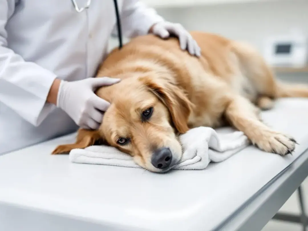 A veterinarian is examining a dog on an examination table, checking its health and well-being. The scene emphasizes the...