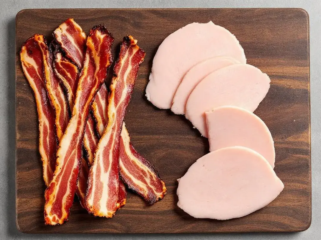 A wooden cutting board displays an assortment of processed turkey products, including turkey bacon, deli meat, and...