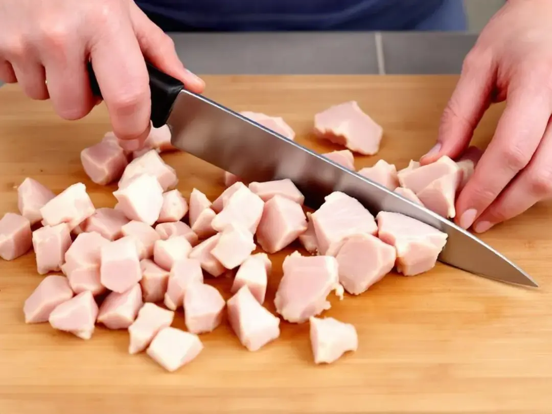 In the image, hands are seen cutting plain cooked turkey breast into small, dog-appropriate pieces, making it a safe...