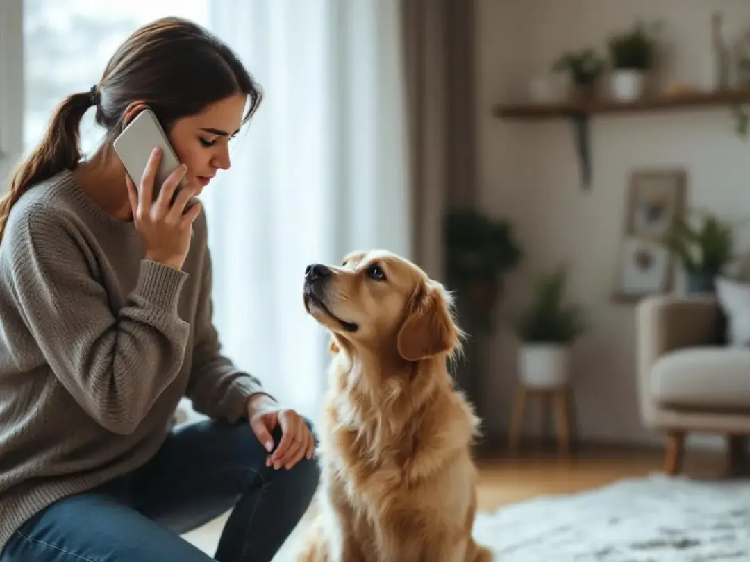 A concerned dog owner is on the phone, looking anxiously at their furry friend, possibly worried about whether dogs can...