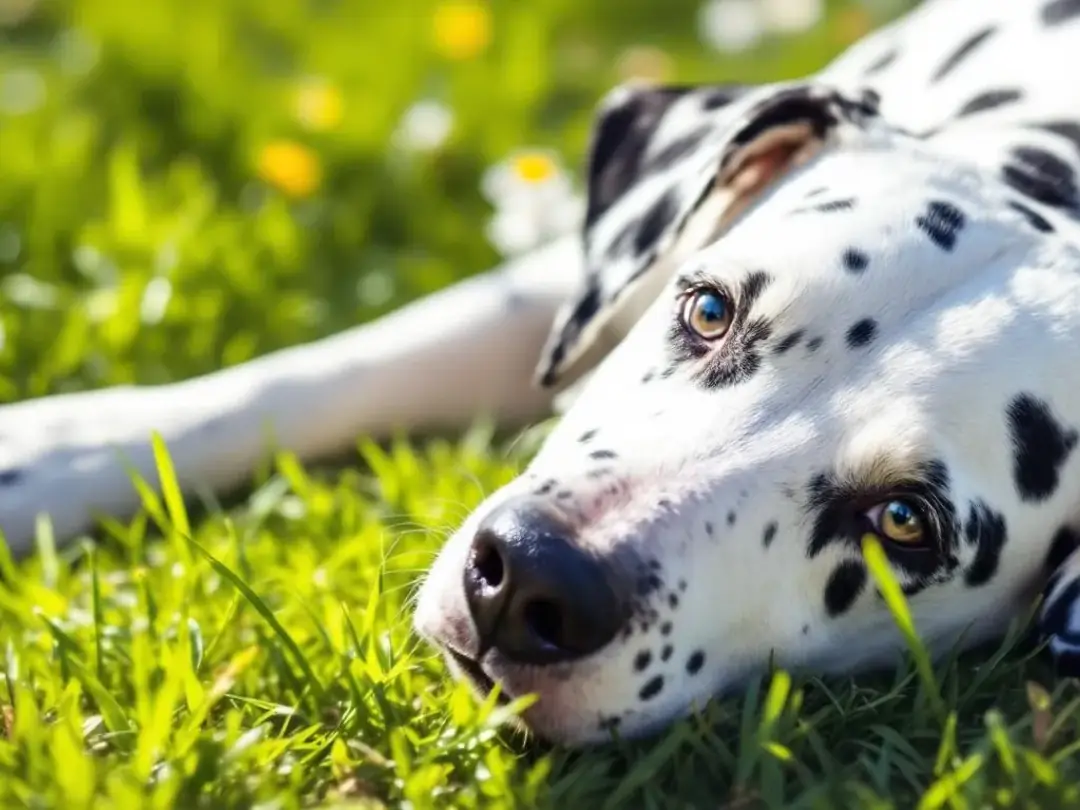 A Dalmatian dog is sunbathing on green grass, highlighting the breed's increased risk for developing skin cancer due to...