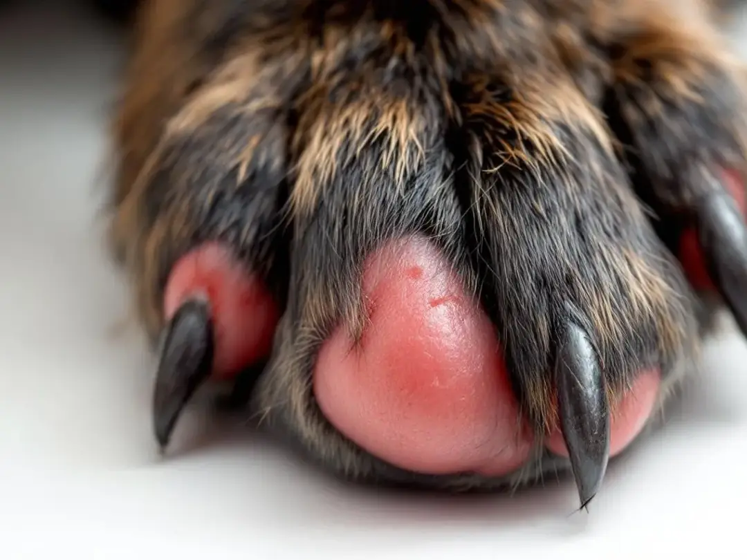 The image depicts a dog's paw with a visibly swollen toe area, suggesting the potential presence of a nail bed tumor...