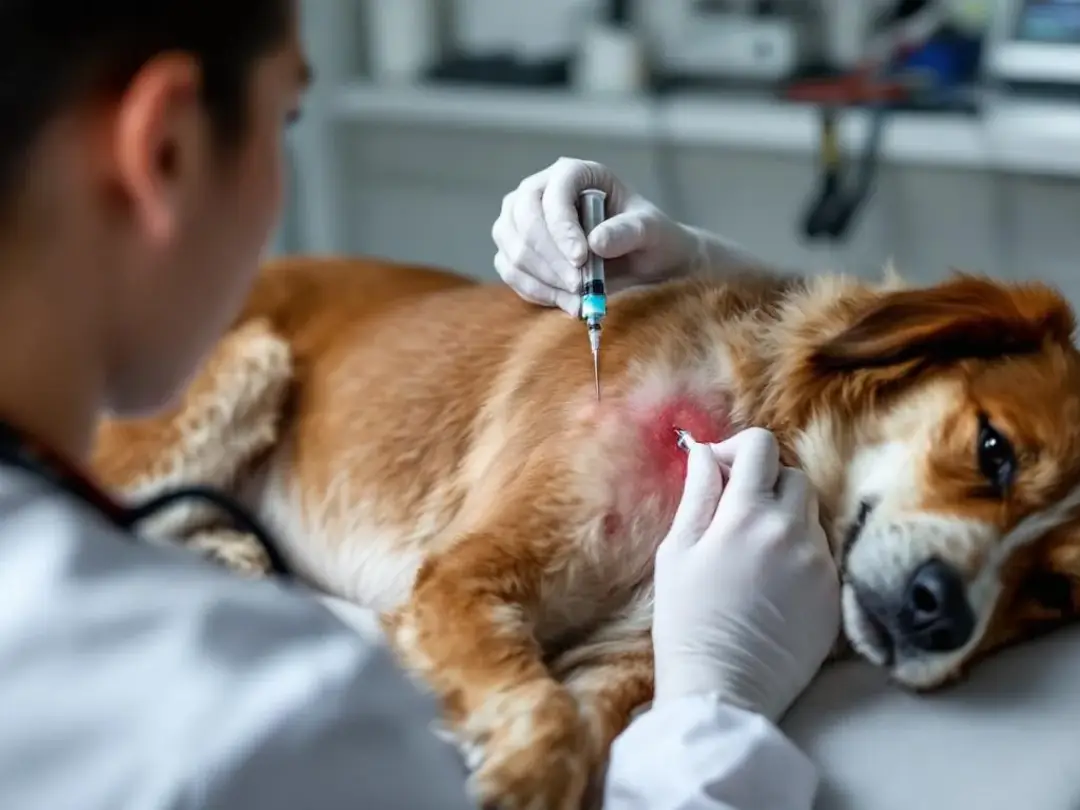 A veterinarian is performing a fine needle aspiration on a dog's skin tumor to diagnose skin cancer, which may include...