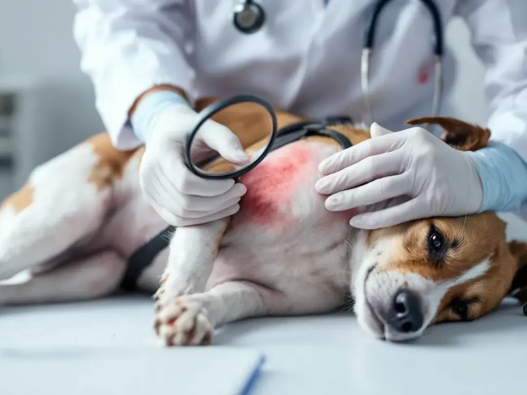 A veterinarian is closely examining a dog's inflamed skin with a magnifying glass during a physical examination, likely...