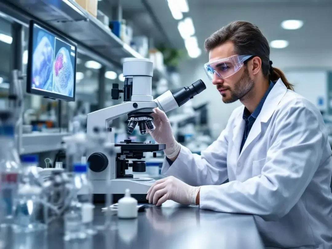 A laboratory technician is closely examining skin samples under a microscope, likely to diagnose various skin diseases...