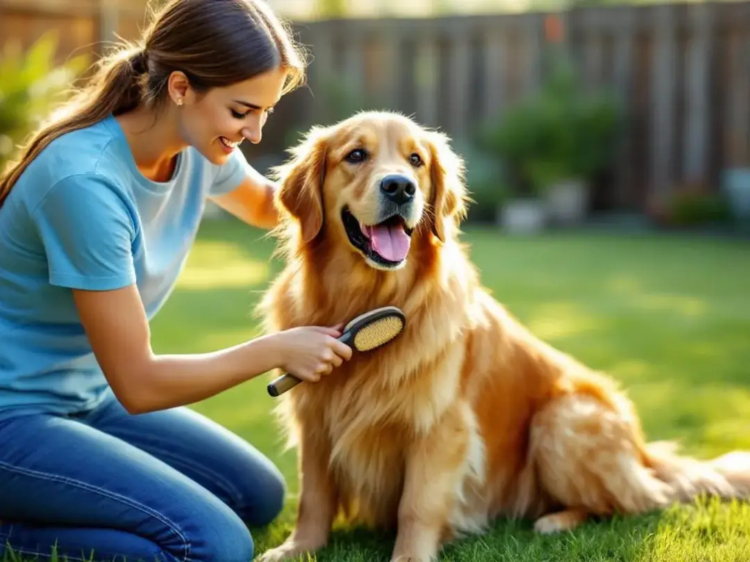 A happy, healthy dog with a shiny coat is being gently brushed by its owner outdoors, showcasing the dog's...