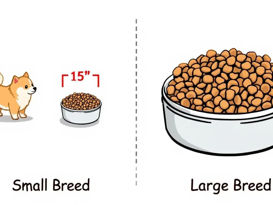 In this image, a comparison chart illustrates different portion sizes of dog food for small breed dogs and larger dogs...