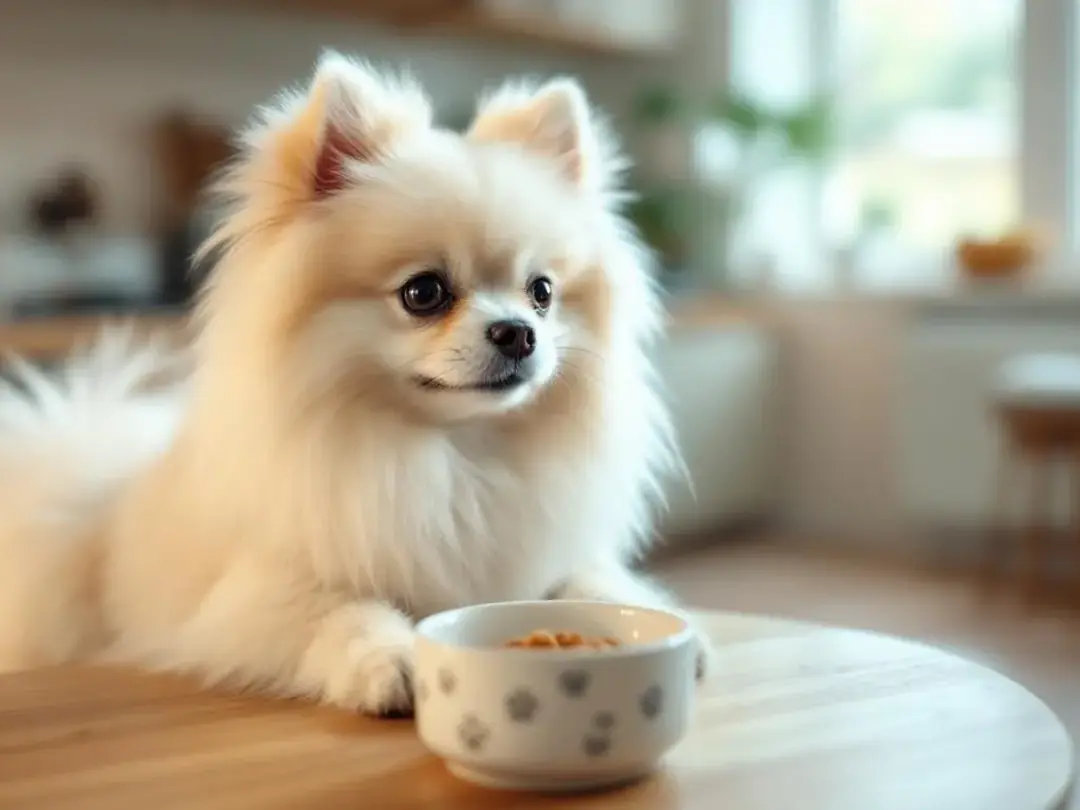 A healthy senior small breed dog is happily enjoying a meal from a bowl that is appropriately sized for small dogs...