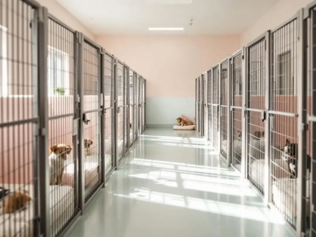 In a bright and clean animal shelter, small dogs are comfortably housed in enclosures, eagerly waiting for their...