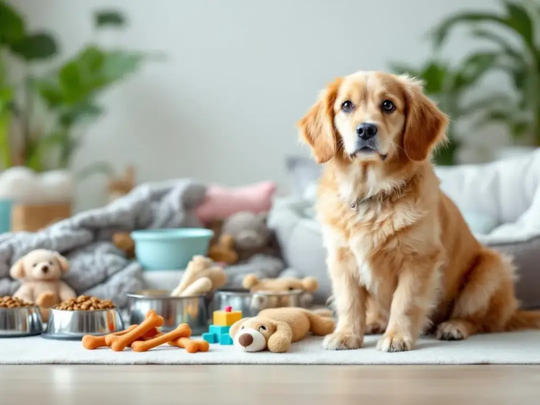 A small dog sits contentedly next to a neatly organized collection of pet supplies, including food bowls, colorful...