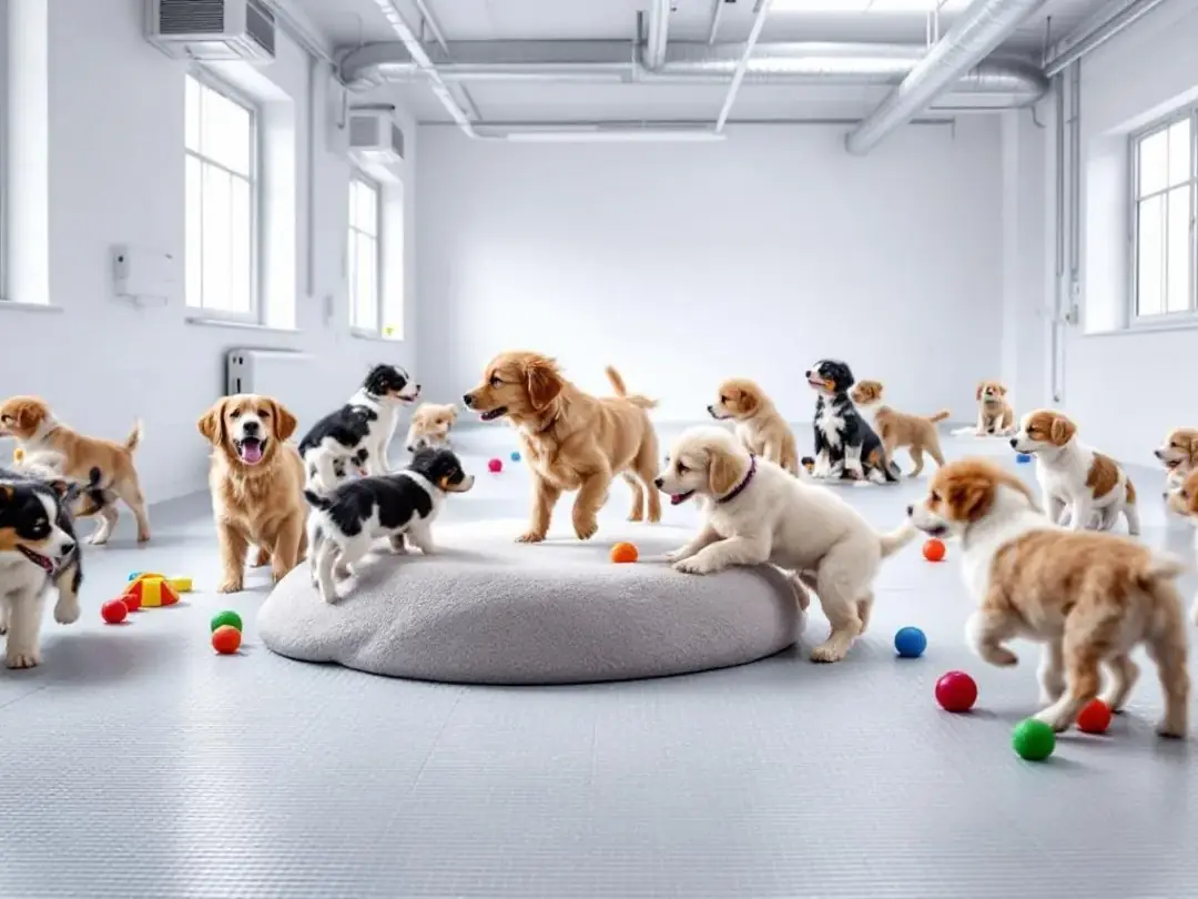 The image depicts a professional dog breeding facility where playful miniature golden retriever puppies frolic in a...