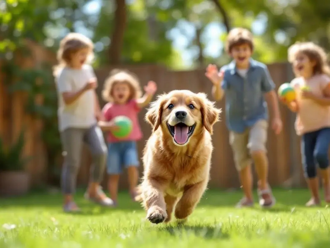 A playful adult miniature golden retriever is happily engaging with children in a vibrant backyard, showcasing its...