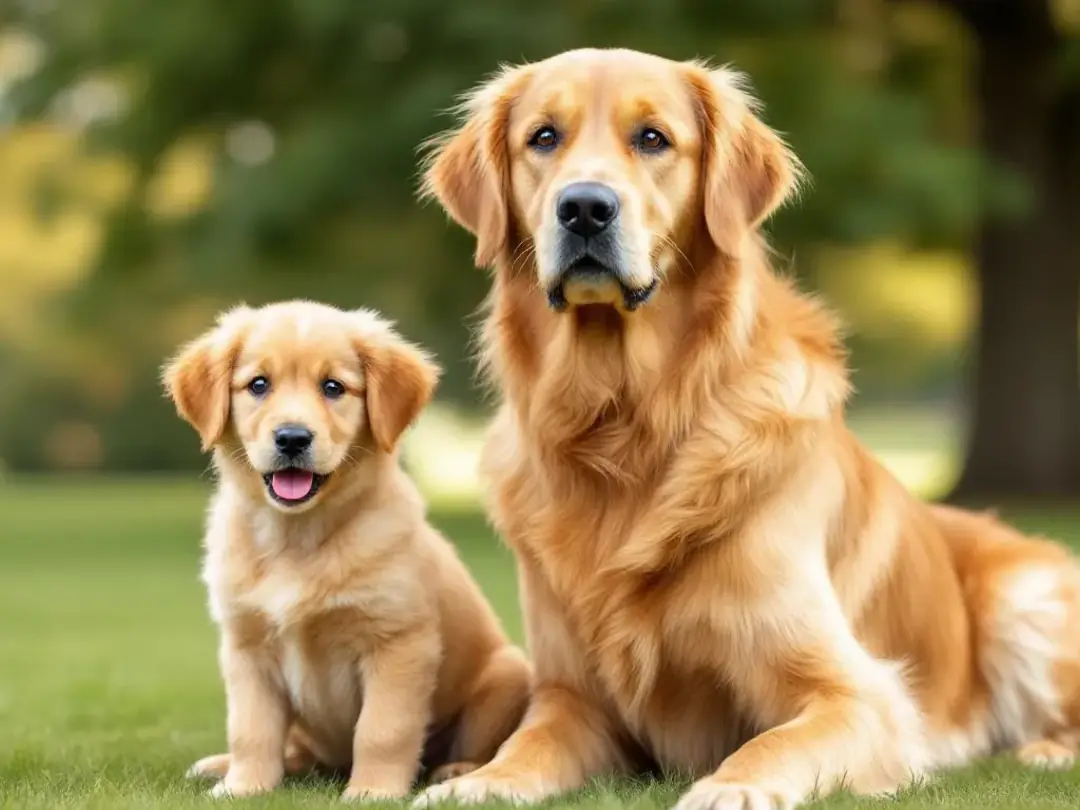 A small golden retriever sits beside a standard golden retriever, showcasing the size comparison between the two...