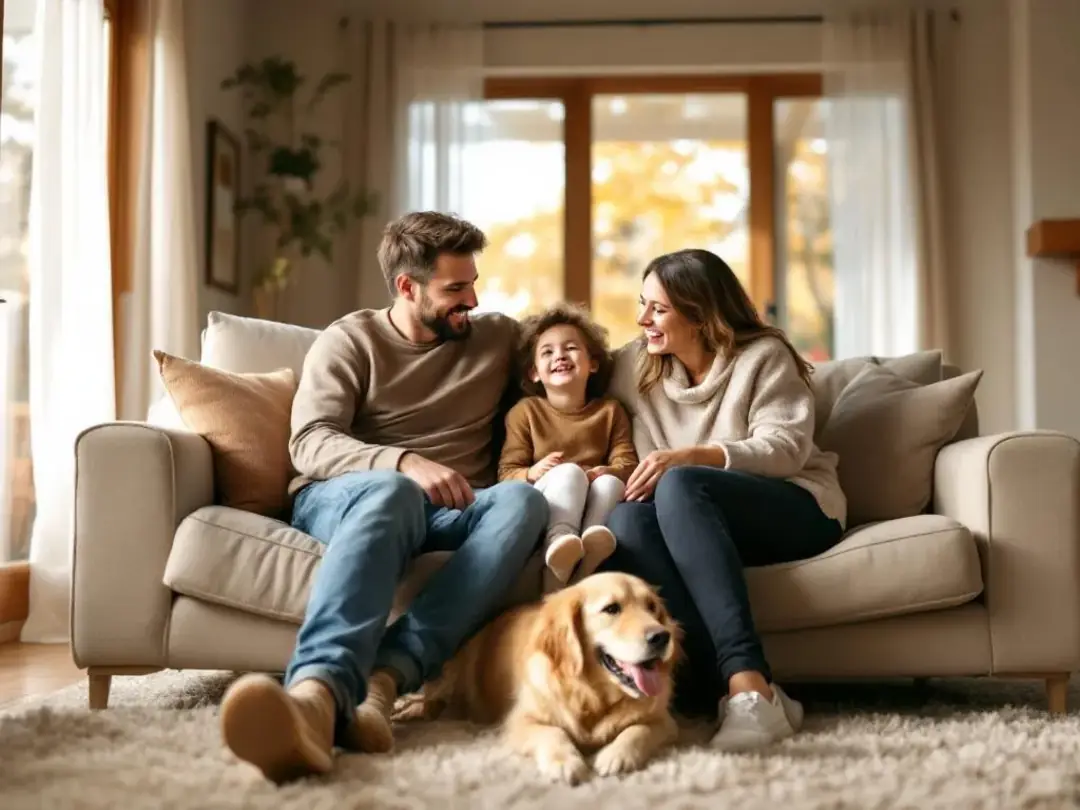 A happy family is sitting together in a cozy living room, enjoying quality time with their small golden retriever, who...