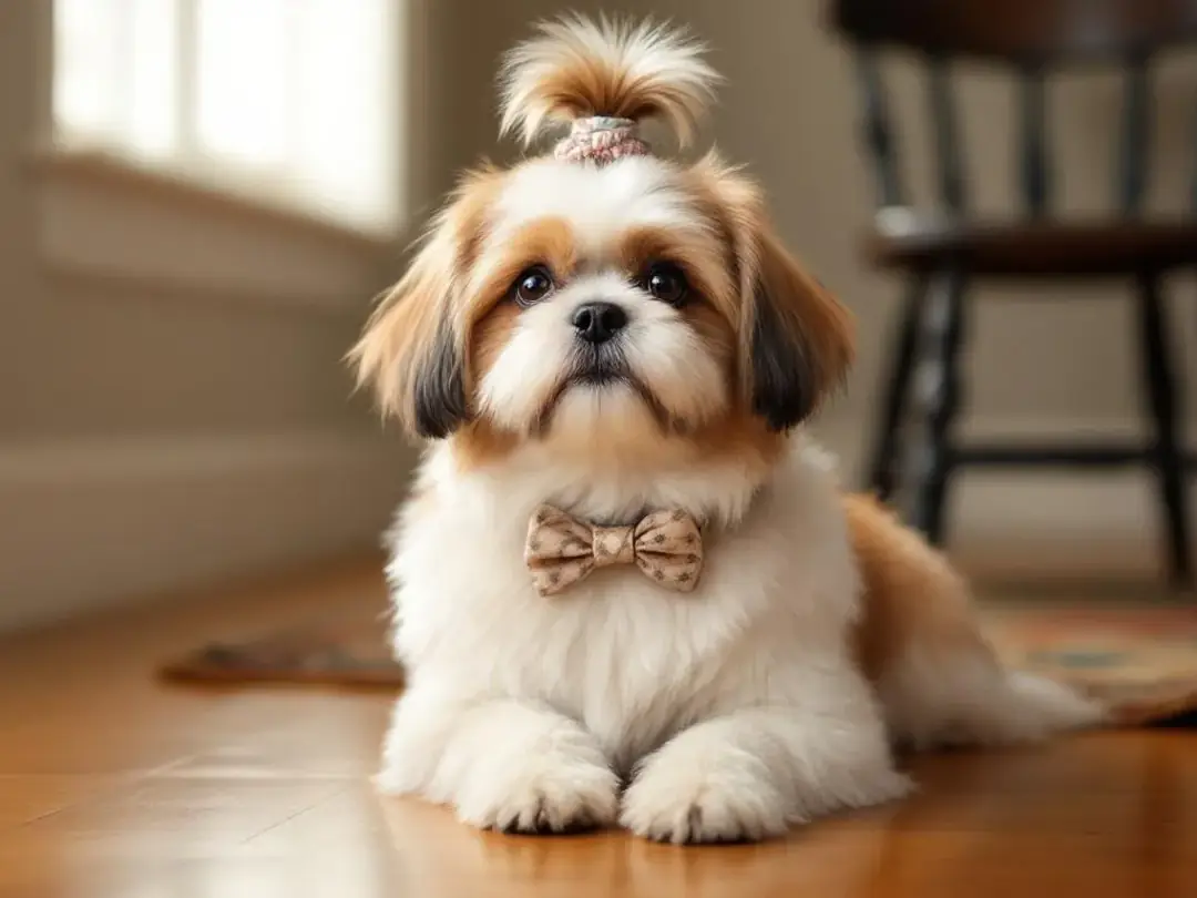 A fluffy Shih Tzu, one of the smallest dog breeds, is sitting elegantly with a stylish top knot, showcasing its long...