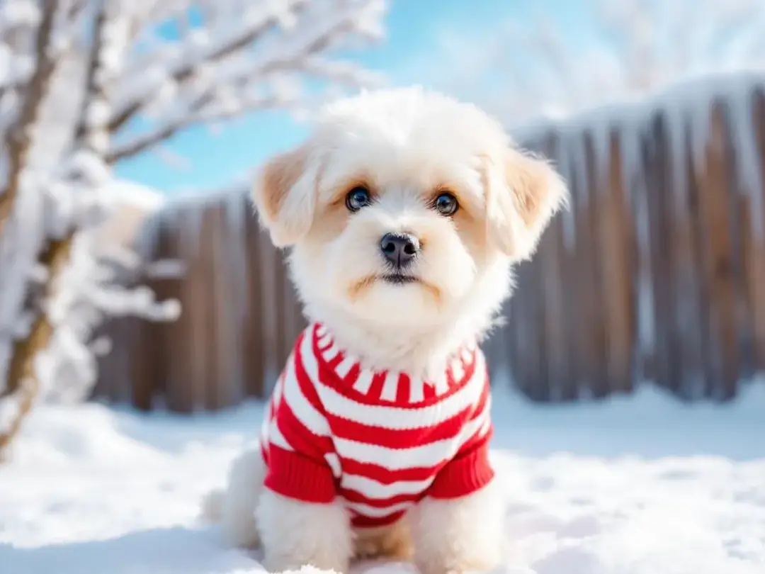 A tiny dog breed, wearing a colorful sweater, is playfully standing outdoors in a wintery landscape, surrounded by...