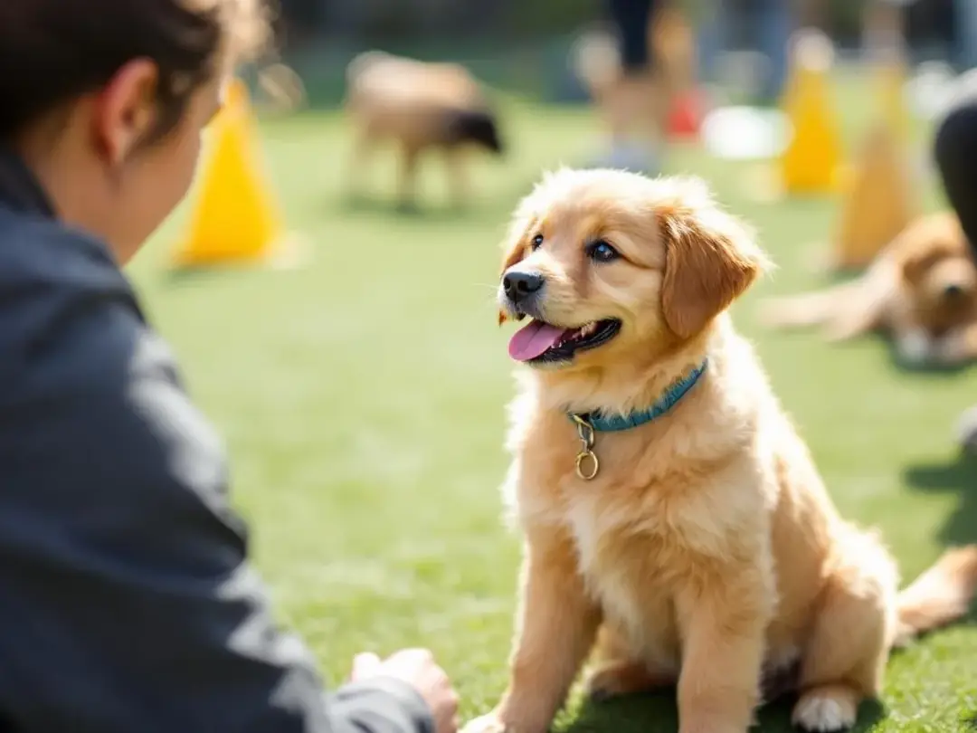 In the image, a tiny dog breed, likely a Yorkshire Terrier, is actively participating in a puppy training class...