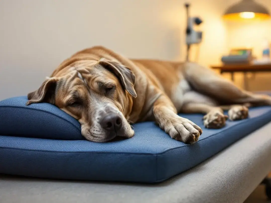 A senior dog is resting comfortably on orthopedic bedding in a quiet recovery area, showcasing a healing incision site...