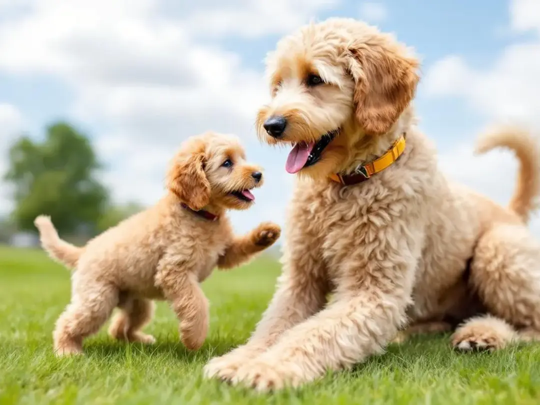 A young Standard Goldendoodle puppy is joyfully playing with an adult Standard Goldendoodle, showcasing the noticeable...