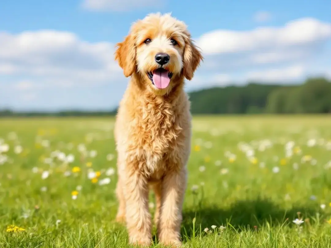 An adult standard goldendoodle with a healthy body condition stands proudly in a lush green field, showcasing its...