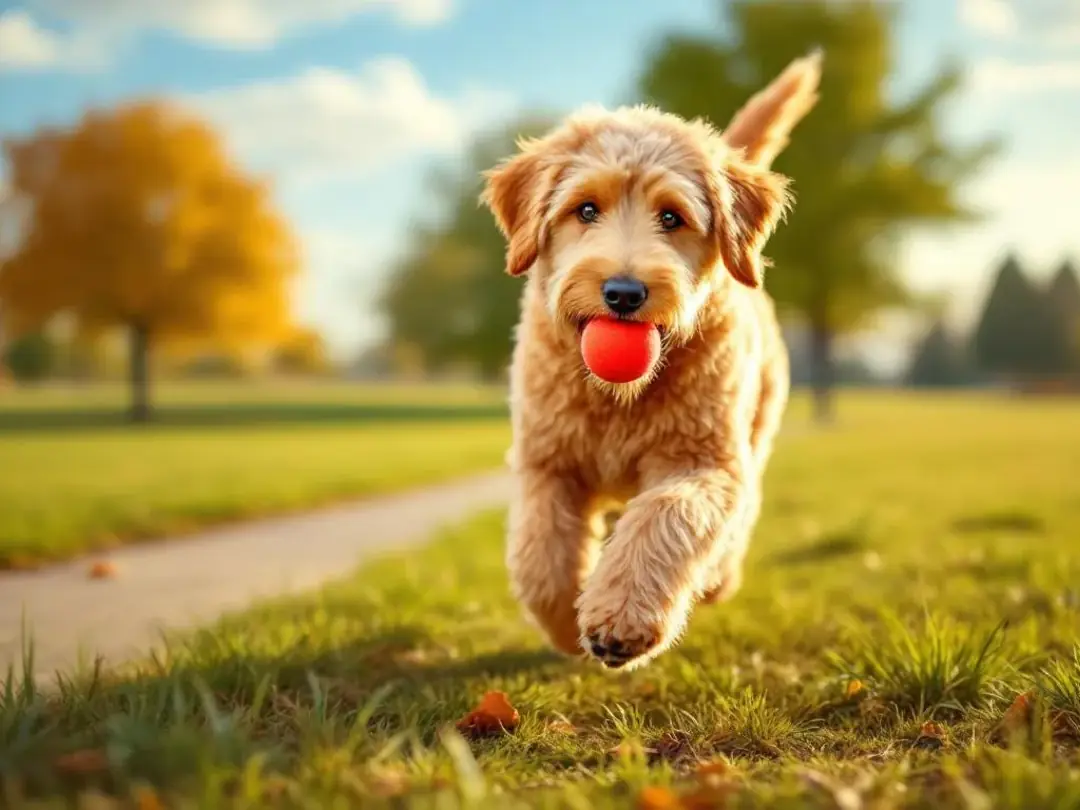 A standard goldendoodle is joyfully playing fetch in a park, showcasing its energetic personality and healthy weight...