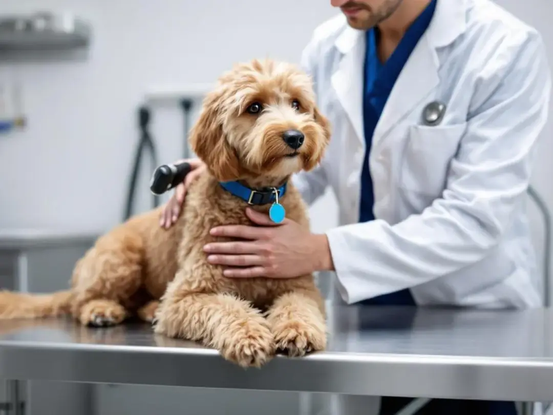 A standard Goldendoodle is being examined by a veterinarian at a clinic, showcasing the importance of regular vet...