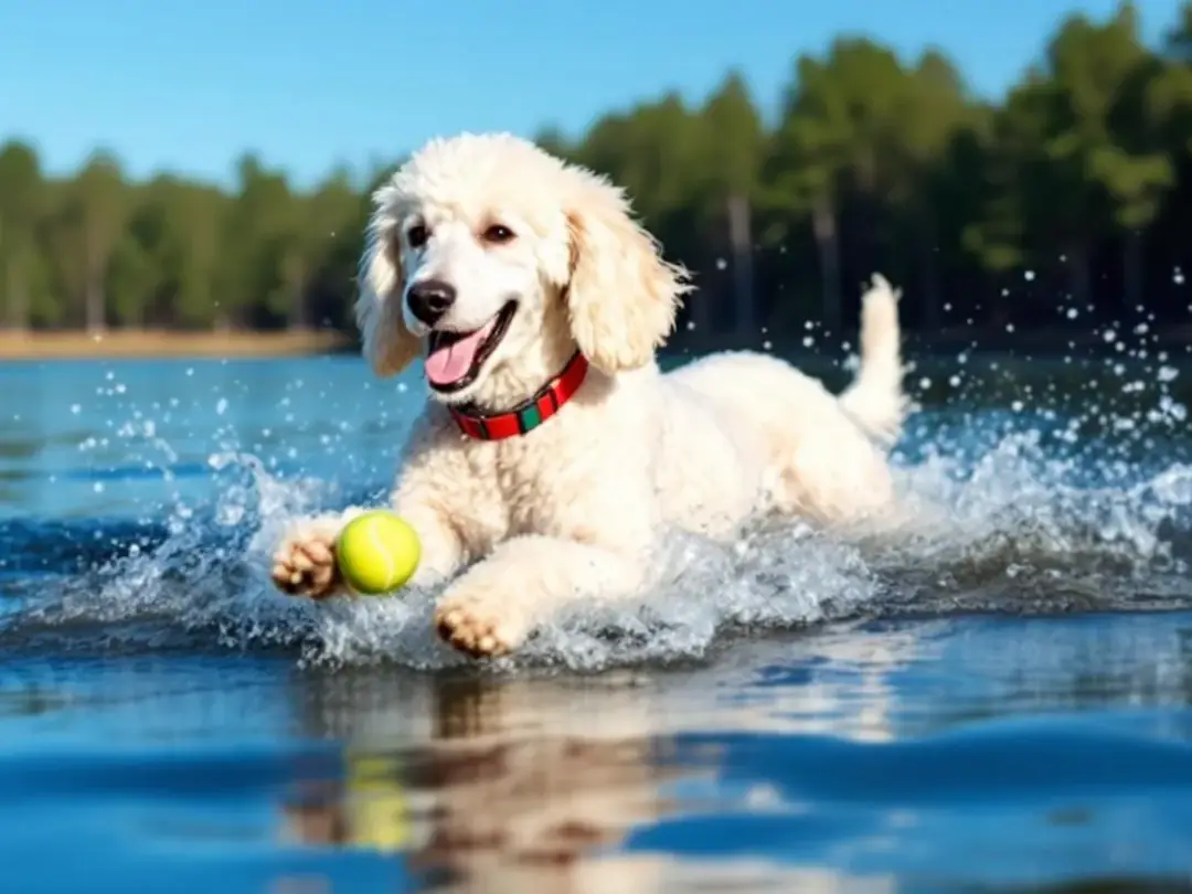 A standard poodle joyfully splashes in the water while playing fetch, showcasing its natural swimming ability and...