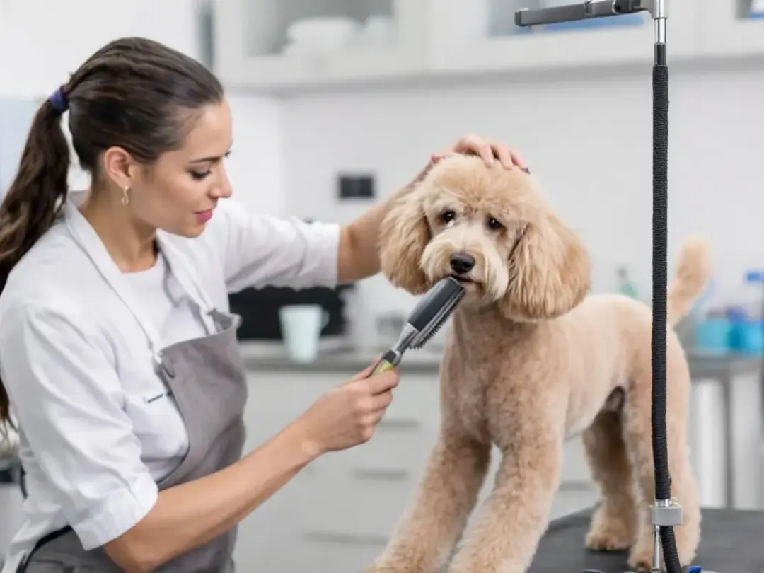 A professional groomer is carefully brushing the curly coat of a Standard Poodle, surrounded by various grooming tools...