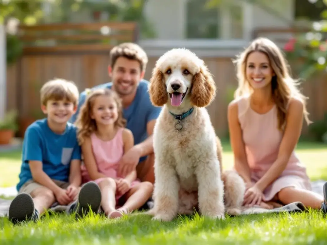 In a sunny backyard, a family sits together with their playful standard poodle, showcasing the dog's curly coat as...