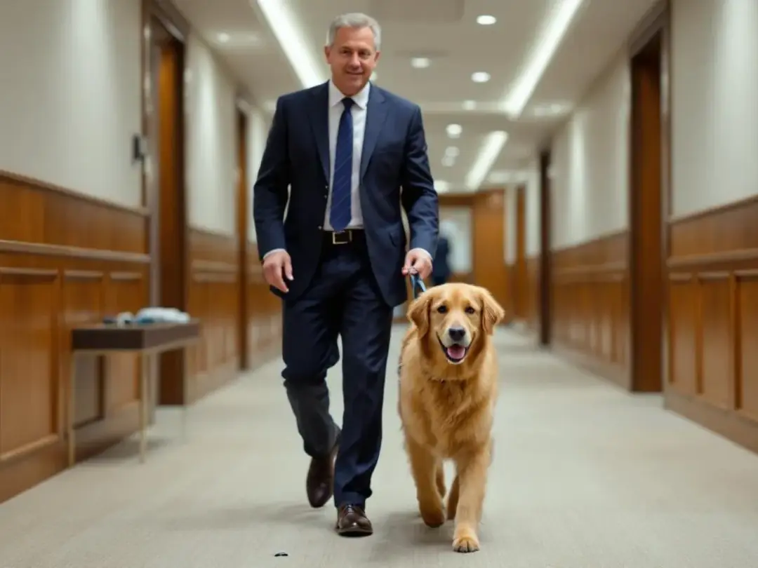 A well-behaved dog is walking calmly on a leash through a hotel hallway, staying close to its owner's side, showcasing...