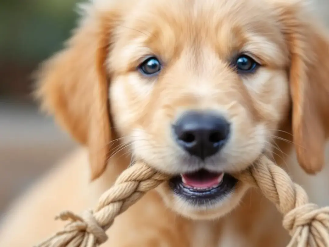 A close-up image of a young golden retriever puppy holding a colorful rope tug toy in its mouth, displaying its playful...