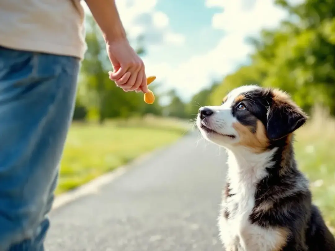 A person is walking with a small puppy, a golden retriever, who is looking up attentively while the person holds small...