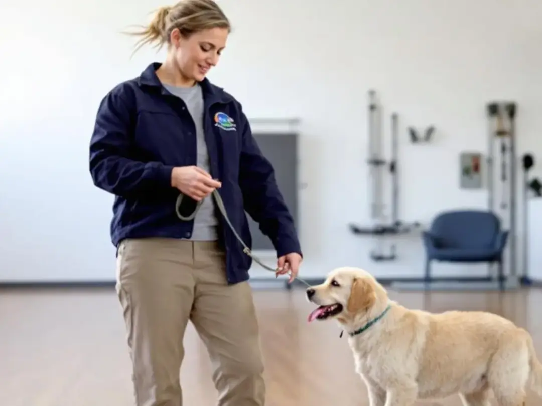 A professional dog trainer is seen working with a young golden retriever puppy in an indoor training facility, focusing...