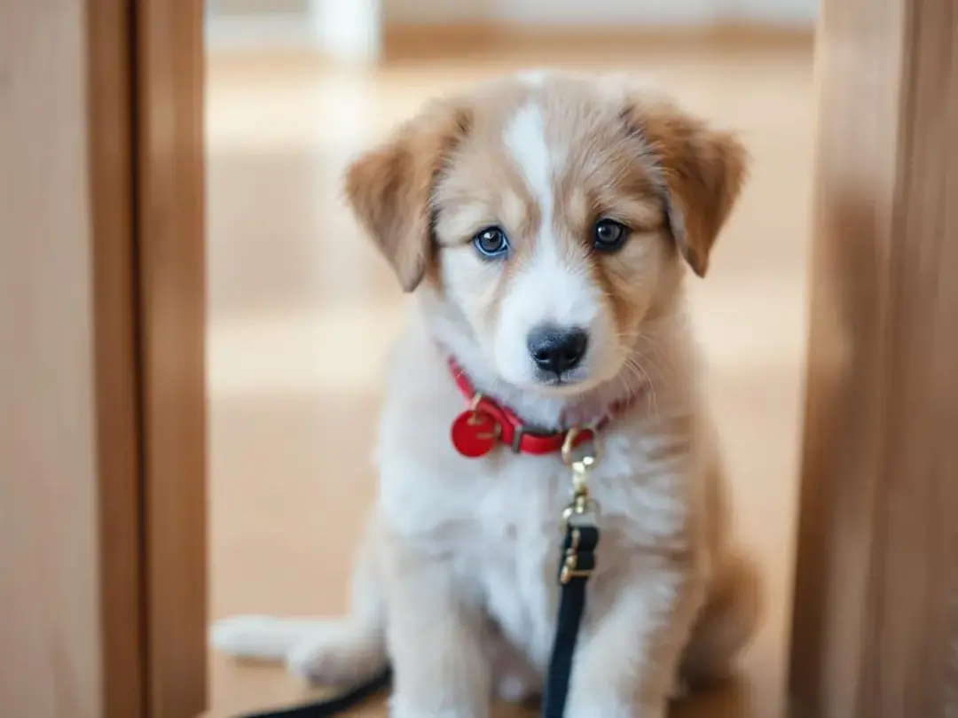 A calm puppy sits at the doorway, wearing a collar and leash, ready for a dog walk. This scene highlights the...