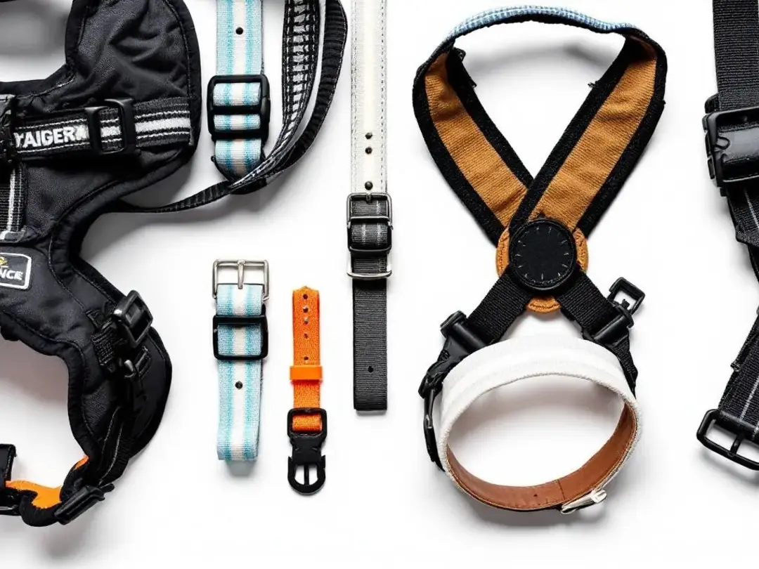 A variety of safe puppy collars and harnesses are displayed side by side for comparison, showcasing different styles...