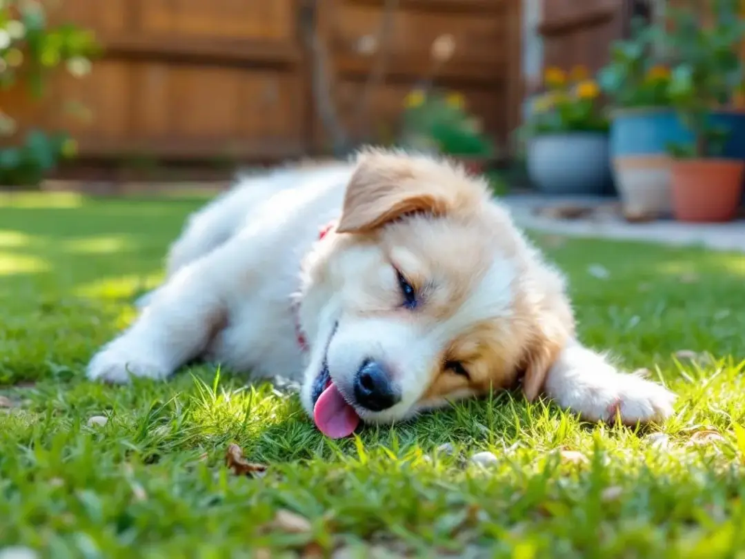 A puppy is taking a rest break during a short training session in a yard, lying down on the grass with its leash...