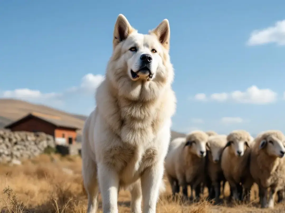 A Kangal dog stands in a protective stance, vigilantly guarding livestock against potential threats in a serene rural...