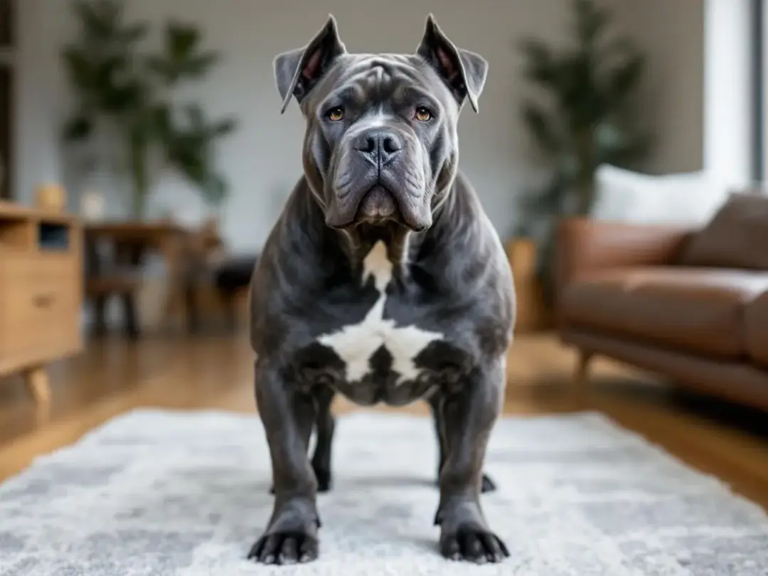 A Cane Corso stands proudly in a home environment, showcasing its muscular build and alert expression, embodying the...