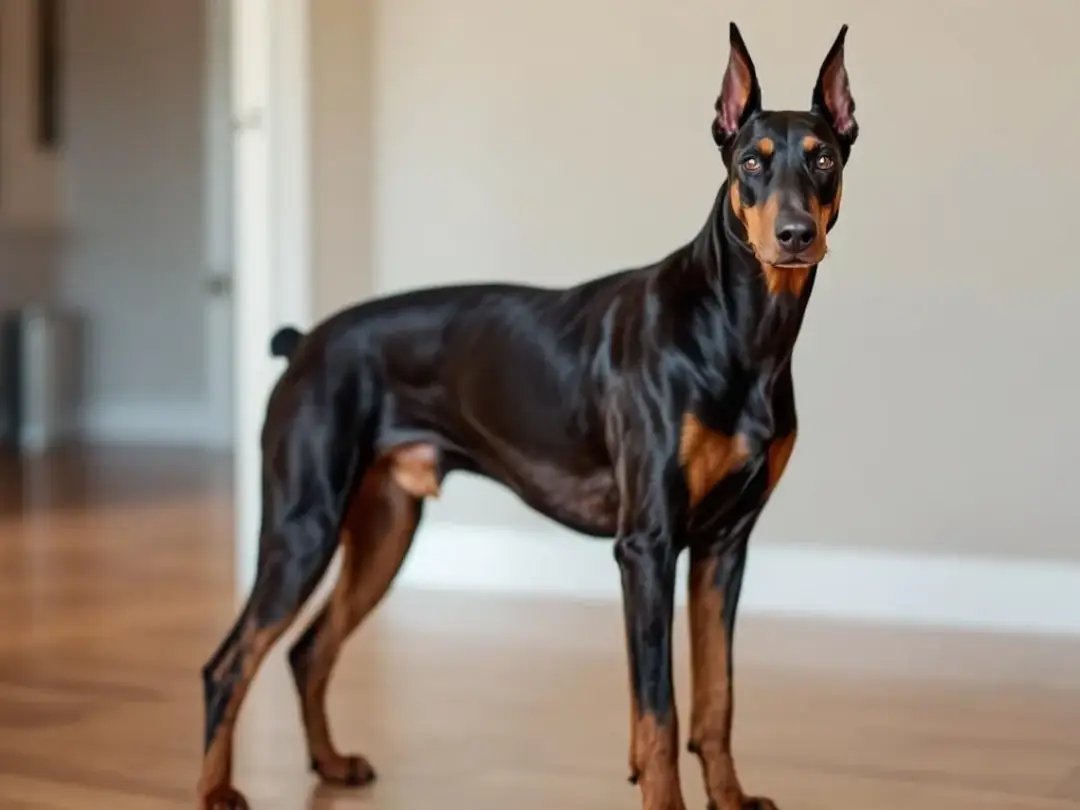 A Doberman Pinscher stands alert and protective, showcasing its athletic build and strong physique, typical of powerful...