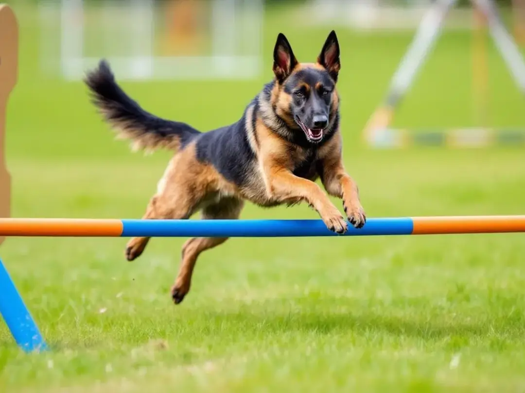 A Belgian Malinois showcases its agility and athletic ability during training, demonstrating the characteristics of one...