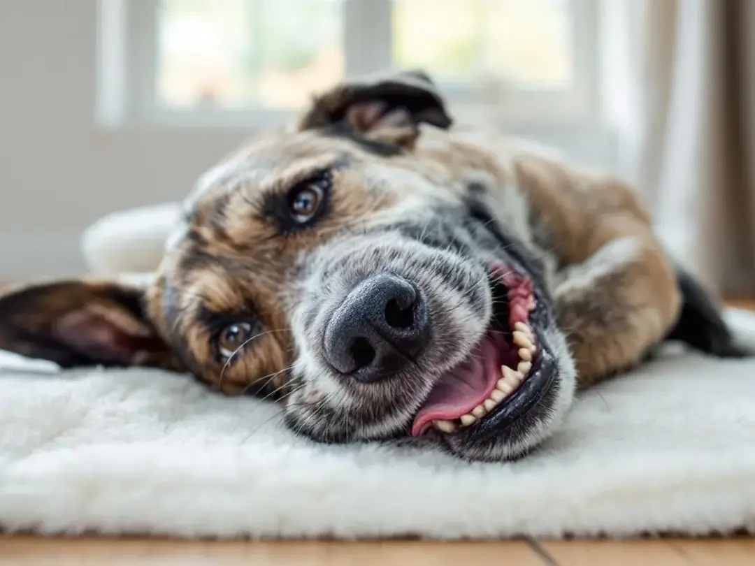 A dog is depicted with its mouth open, struggling to breathe, which may indicate symptoms of heartworm disease. This...