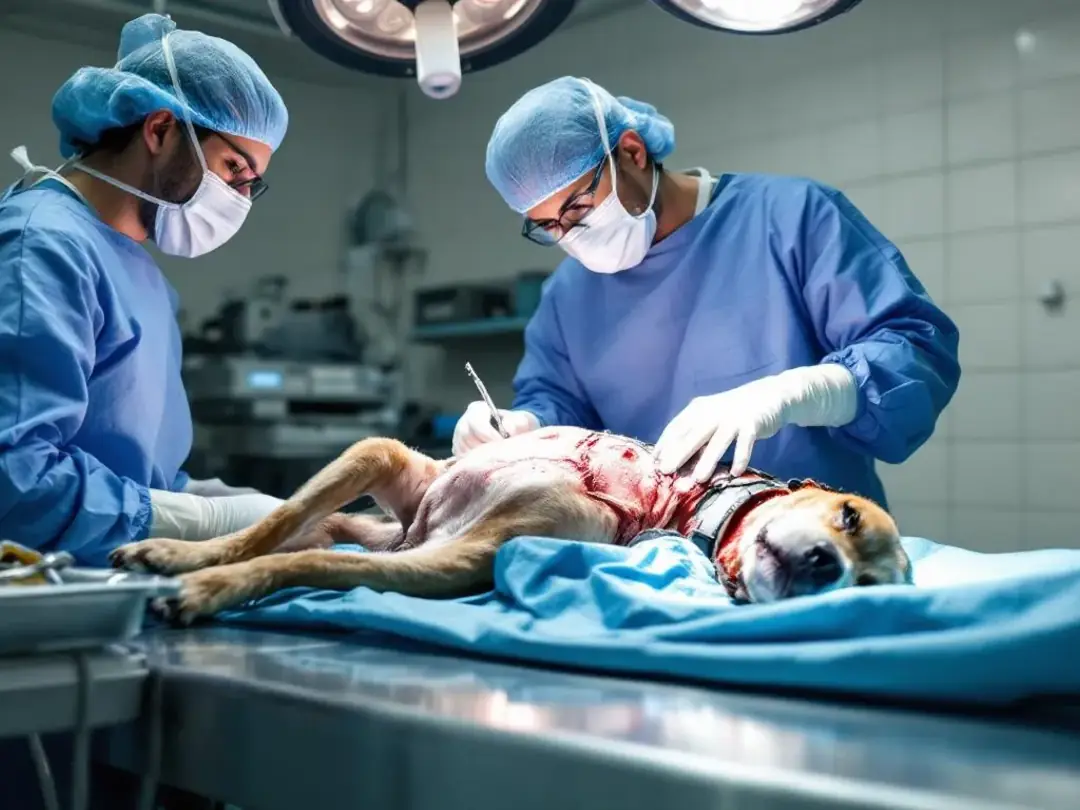 In the image, a veterinarian is performing emergency surgery on a dog, focusing on the dog's chest area, which may...