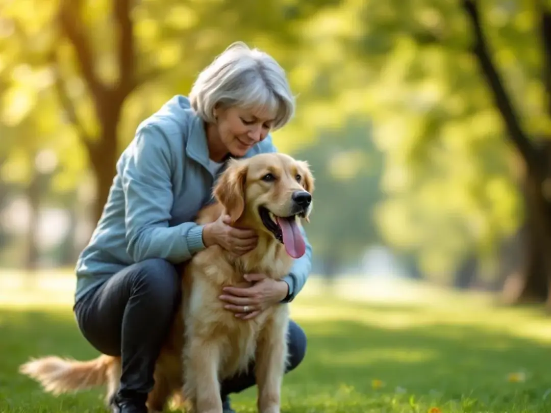 A dog owner is closely observing their pet's breathing and energy levels during a walk, looking for any signs of...