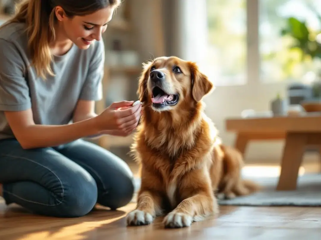 A dog is receiving monthly heartworm preventive medication from its owner, ensuring protection against heartworm...